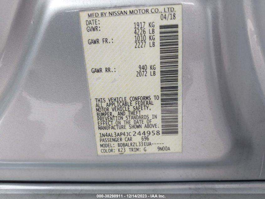 2018 NISSAN ALTIMA 2.5 SL - 1N4AL3AP4JC244958