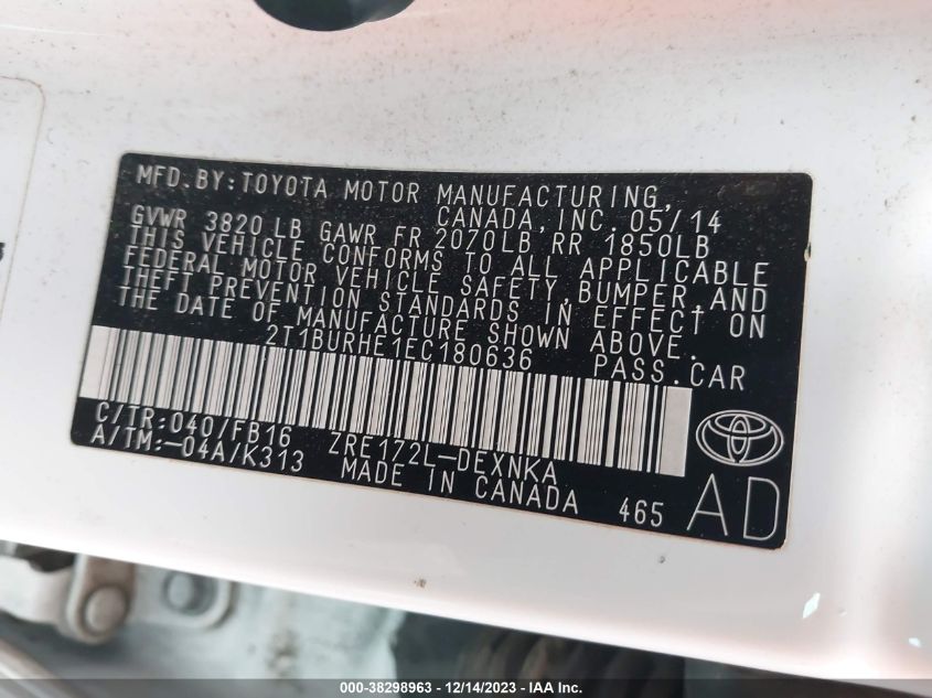 2014 TOYOTA COROLLA LE - 2T1BURHE1EC180636