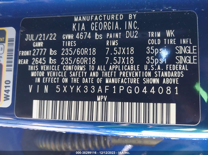 VIN 5XYK33AF1PG044081 2023 KIA SPORTAGE EX