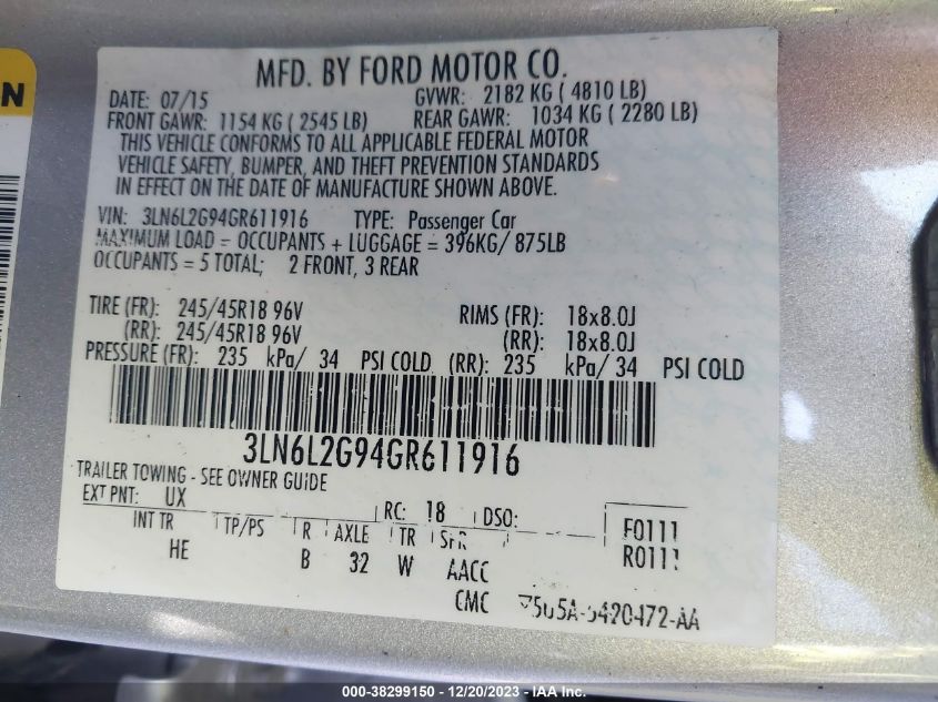 2016 LINCOLN MKZ - 3LN6L2G94GR611916
