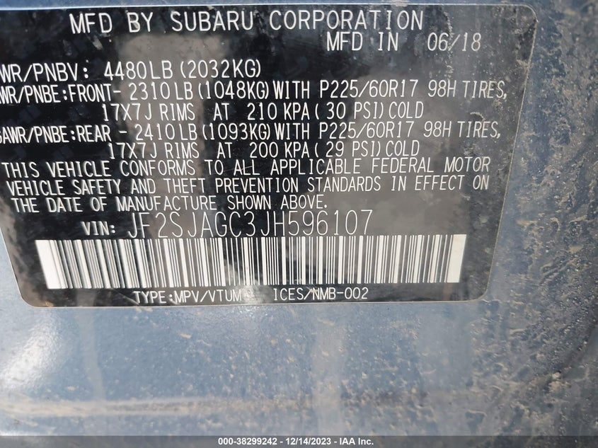 VIN JF2SJAGC3JH596107 2018 SUBARU FORESTER 2.5I PREMIUM