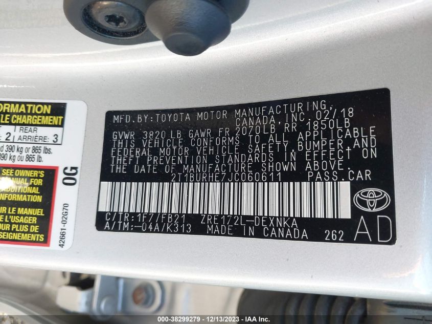 2018 TOYOTA COROLLA L/LE/XLE/SE/XSE - 2T1BURHE7JC060611