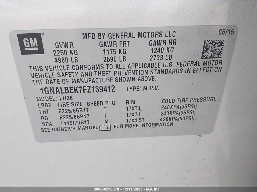 2015 CHEVROLET EQUINOX 1LT - 1GNALBEK7FZ139412