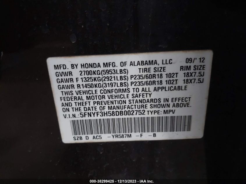 2013 HONDA PILOT EXL - 5FNYF3H58DB002752