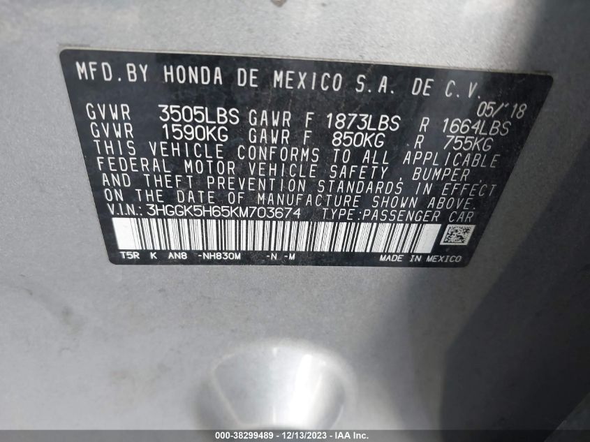 2019 HONDA FIT SPORT - 3HGGK5H65KM703674