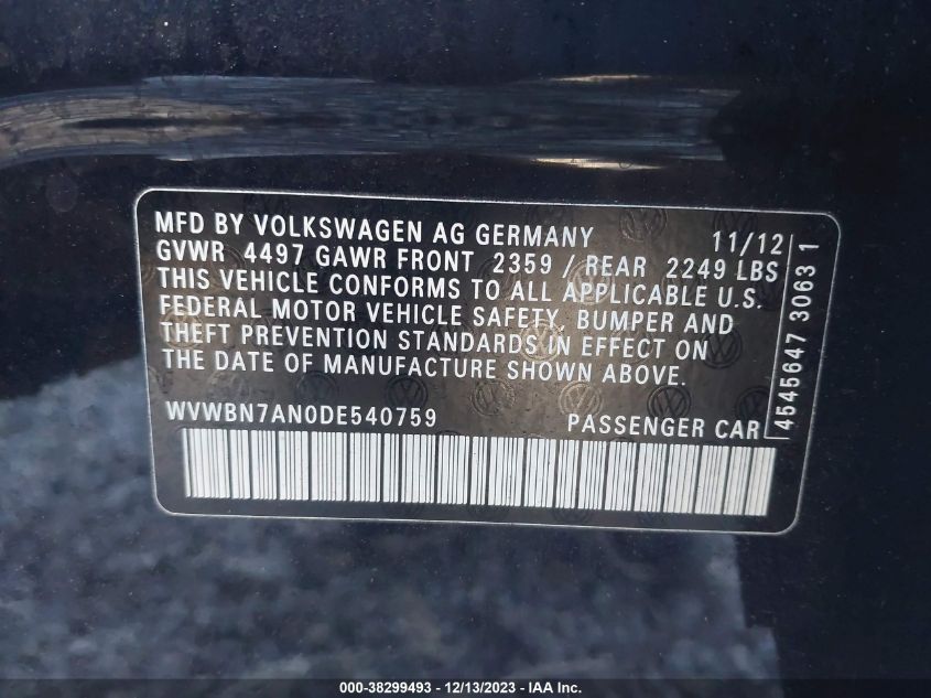 2013 VOLKSWAGEN CC 2.0T SPORT - WVWBN7AN0DE540759