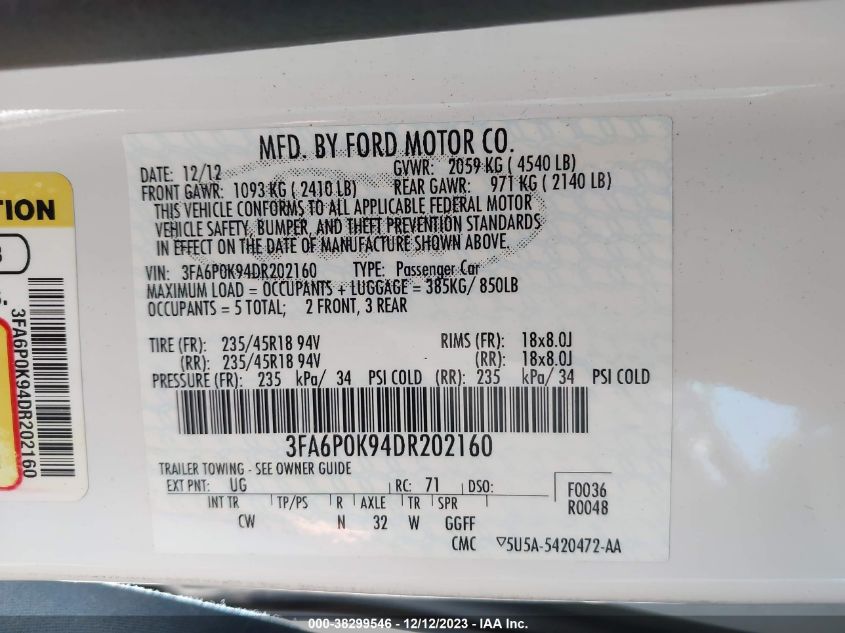 2013 FORD FUSION TITANIUM - 3FA6P0K94DR202160