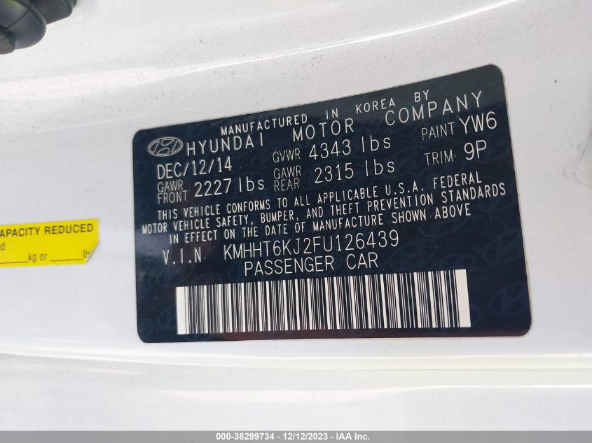 2015 HYUNDAI GENESIS 3.8 BASE KMHHT6KJ2FU126439