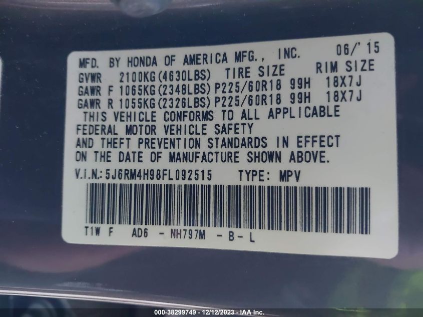 2015 HONDA CR-V TOURING - 5J6RM4H98FL092515