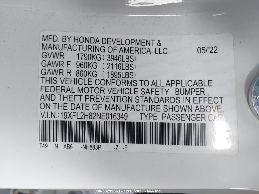 2022 HONDA CIVIC SPORT - 19XFL2H82NE016349