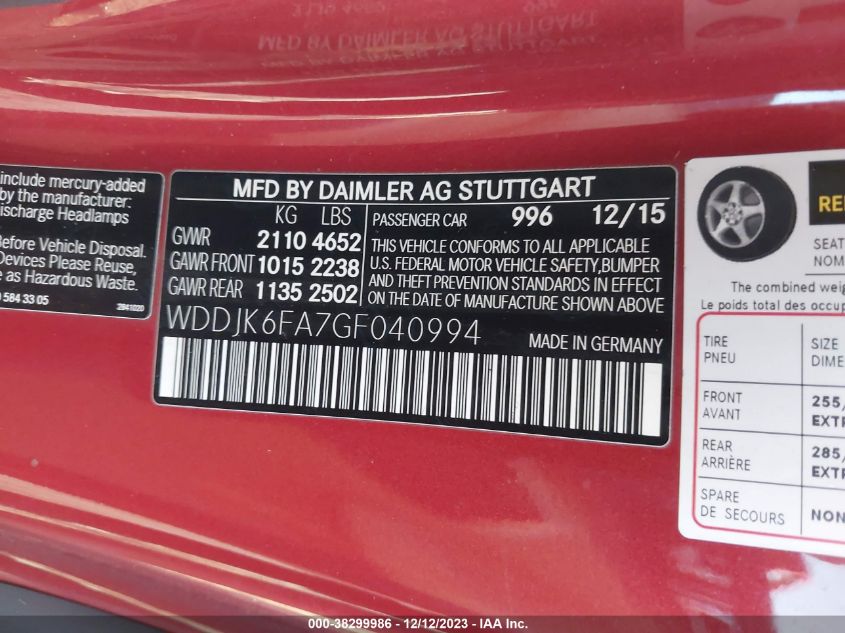 2016 MERCEDES-BENZ SL 400 WDDJK6FA7GF040994