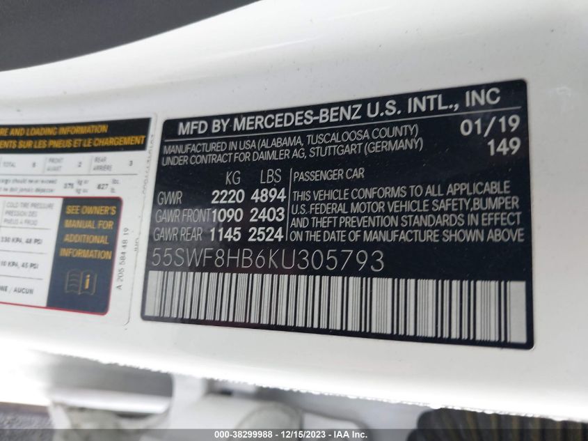 2019 MERCEDES-BENZ AMG C 63 S 55SWF8HB6KU305793