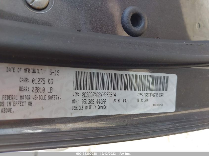 2019 DODGE CHALLENGER SXT - 2C3CDZAG6KH652514