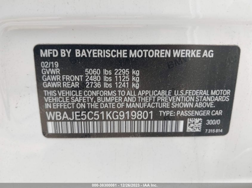 2019 BMW 540I WBAJE5C51KG919801