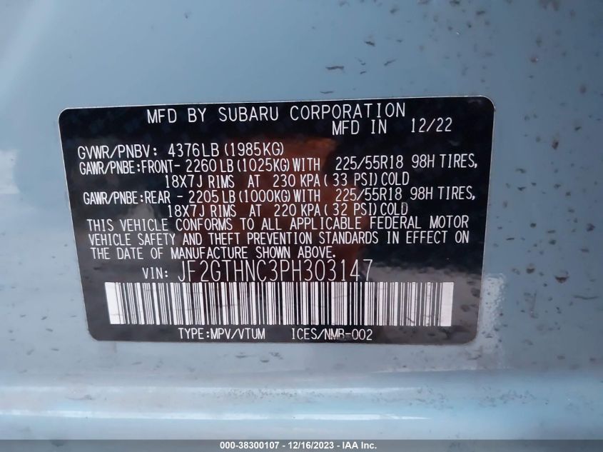 2023 SUBARU CROSSTREK LIMITED - JF2GTHNC3PH303147