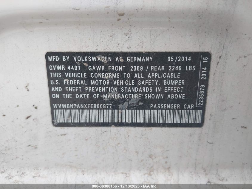 2015 VOLKSWAGEN CC SPORT - WVWBN7ANXFE800877