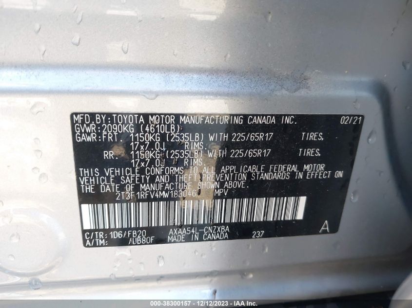 2021 TOYOTA RAV4 LE - 2T3F1RFV4MW183046