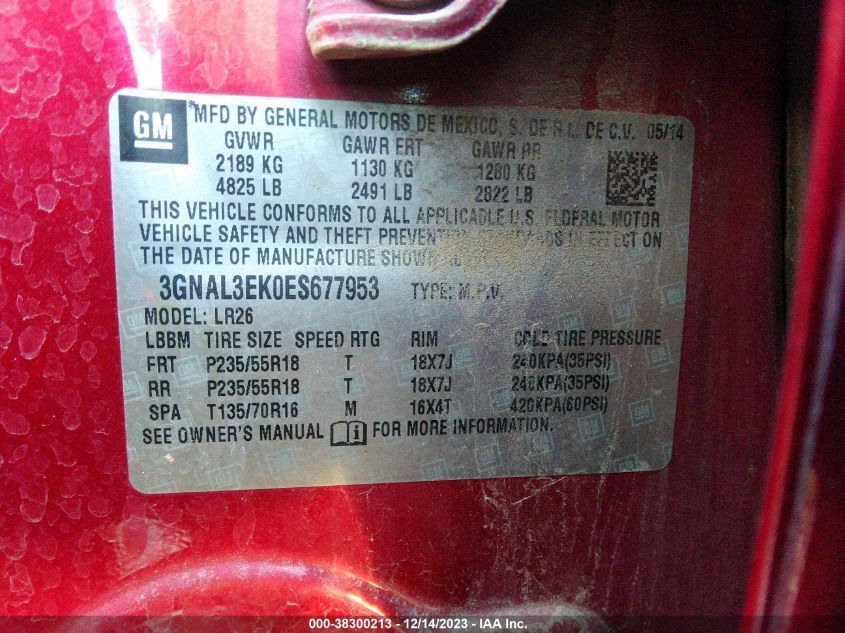 2014 CHEVROLET CAPTIVA SPORT LT 3GNAL3EK0ES677953