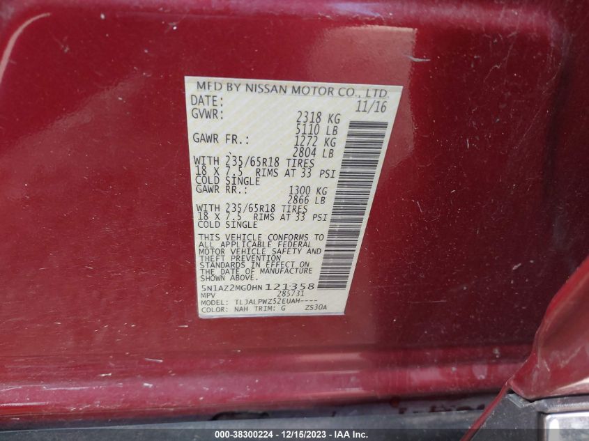 2017 NISSAN MURANO S/SL/SV/PLATINUM - 5N1AZ2MG0HN121358
