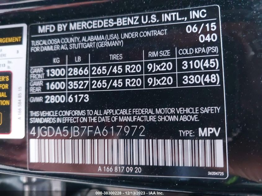 2015 MERCEDES-BENZ ML 350 4JGDA5JB7FA617972