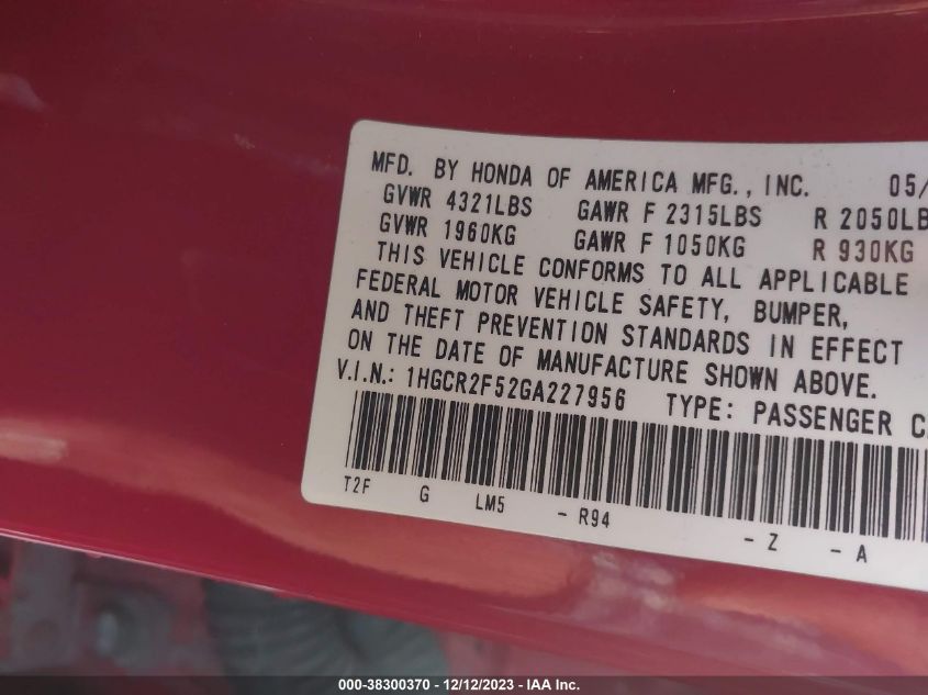 2016 HONDA ACCORD SPORT - 1HGCR2F52GA227956