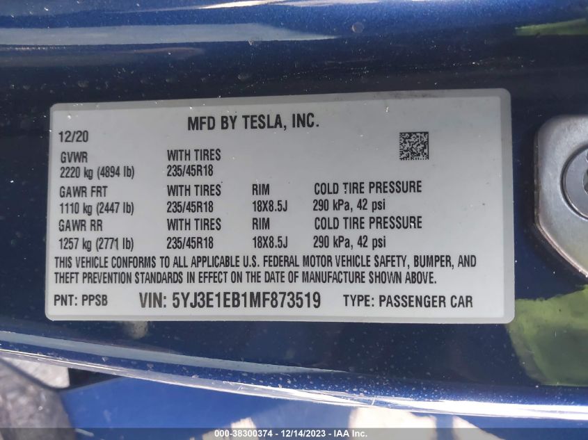 2021 TESLA MODEL 3 LONG RANGE DUAL MOTOR ALL-WHEEL DRIVE - 5YJ3E1EB1MF873519