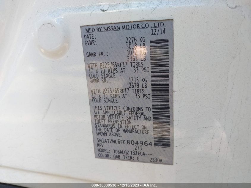 2015 NISSAN ROGUE S/SL/SV - 5N1AT2ML6FC804964