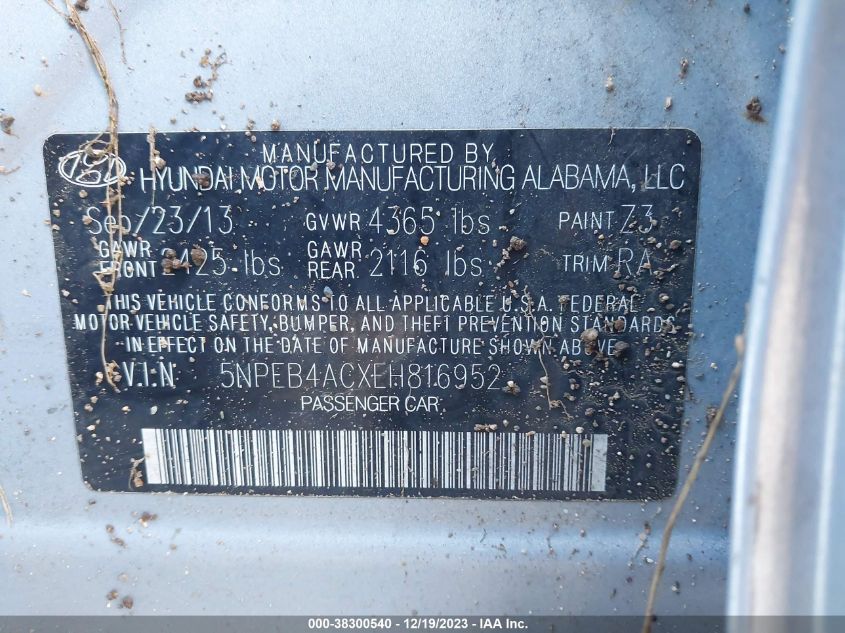 2014 HYUNDAI SONATA GLS - 5NPEB4ACXEH816952