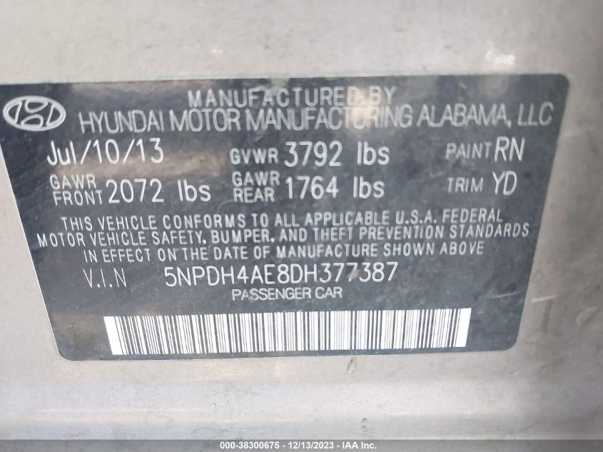 2013 HYUNDAI ELANTRA GLS/LIMITED - 5NPDH4AE8DH377387