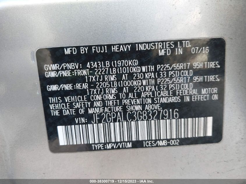 2016 SUBARU CROSSTREK LIMITED - JF2GPALC3G8327916