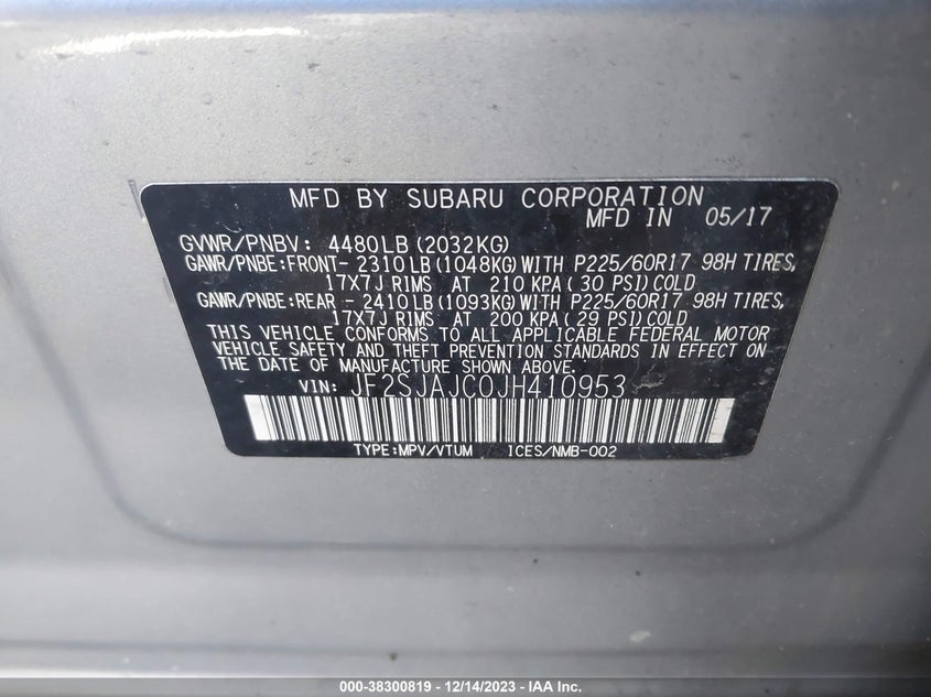 VIN JF2SJAJC0JH410953 2018 SUBARU FORESTER 2.5I LIMITED