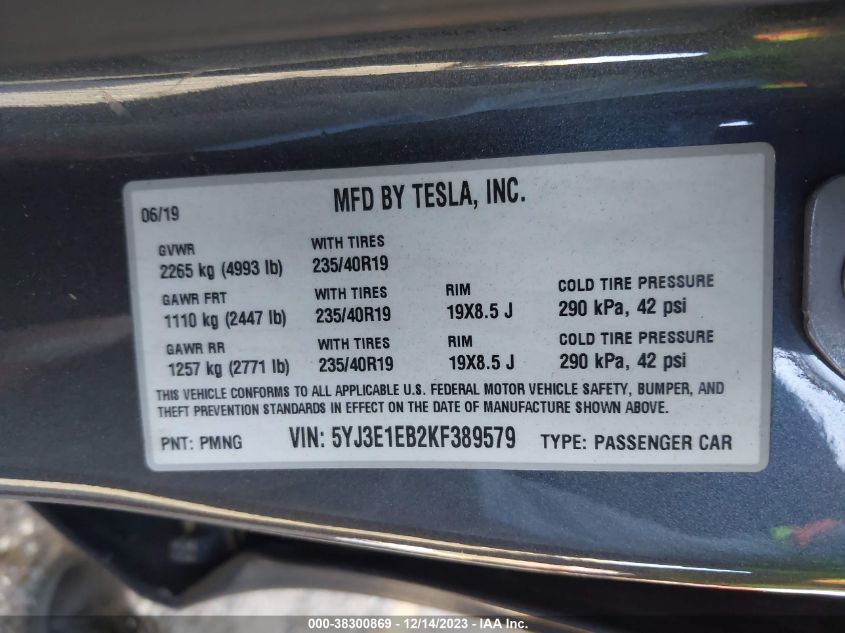 2019 TESLA MODEL 3 LONG RANGE/PERFORMANCE - 5YJ3E1EB2KF389579