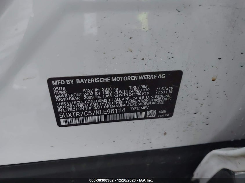 VIN 5UXTR7C57KLE96114 2019 BMW X3 SDRIVE30I