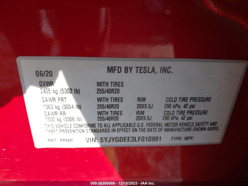 2020 TESLA MODEL Y LONG RANGE DUAL MOTOR ALL-WHEEL DRIVE - 5YJYGDEE3LF010991