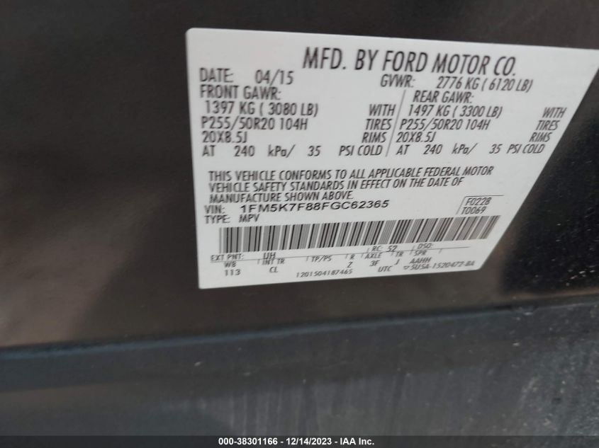 2015 FORD EXPLORER LIMITED - 1FM5K7F88FGC62365