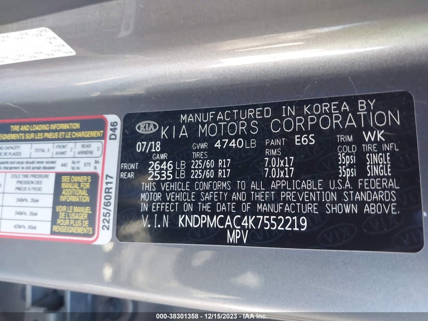 VIN KNDPMCAC4K7552219 2019 KIA SPORTAGE LX