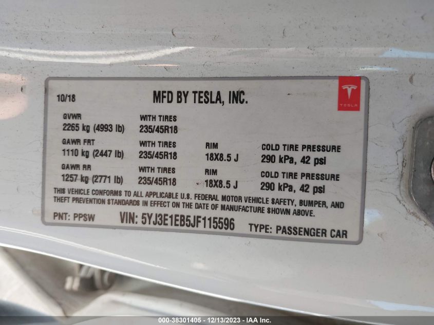 2019 TESLA MODEL 3 - 5YJ3E1EA9KF327202