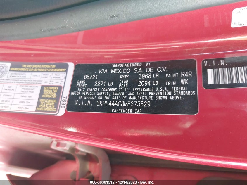 VIN 3KPF44AC8ME375629 2021 KIA FORTE GT
