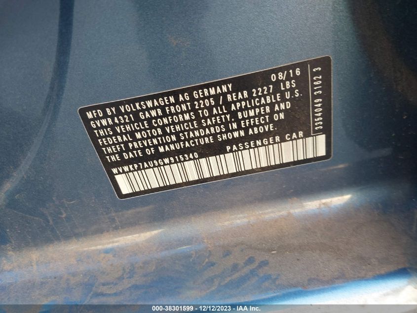 2016 VOLKSWAGEN E-GOLF SE - WVWKP7AU9GW915340