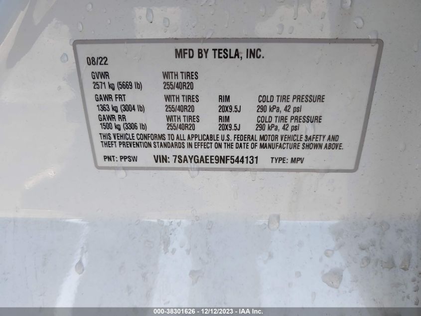 2022 TESLA MODEL Y LONG RANGE DUAL MOTOR ALL-WHEEL DRIVE - 7SAYGAEE9NF544131