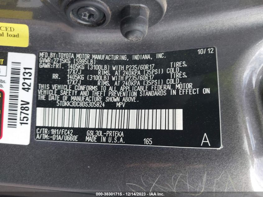 2013 TOYOTA SIENNA LE V6 8 PASSENGER - 5TDKK3DC8DS305824