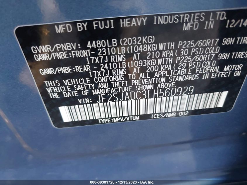 2015 SUBARU FORESTER 2.5I PREMIUM - JF2SJADC3FH560929