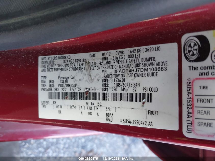 2013 FORD FIESTA SE - 3FADP4BJ7DM108683