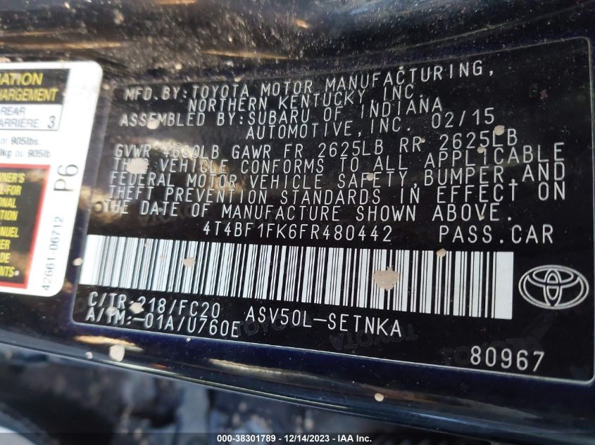 2015 TOYOTA CAMRY LE - 4T4BF1FK6FR480442