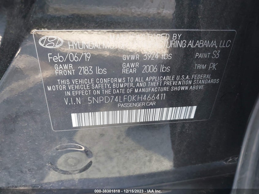 VIN 5NPD74LF0KH466411 2019 HYUNDAI ELANTRA SE