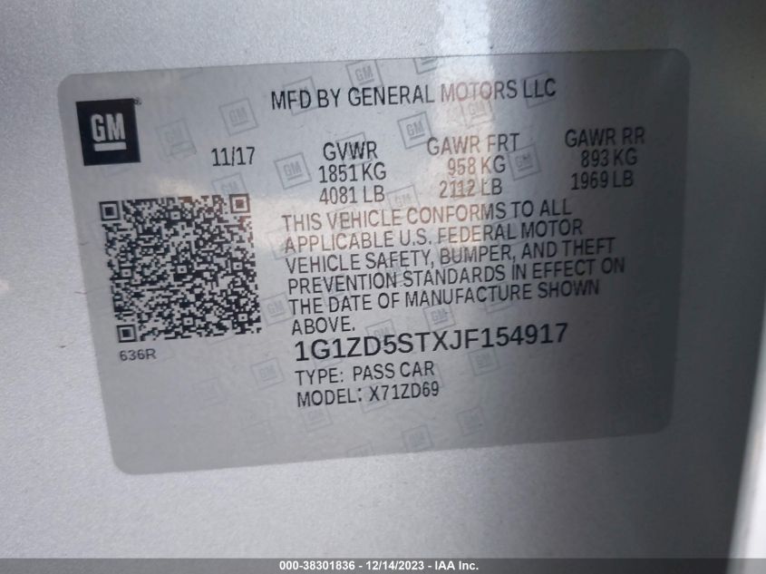 2018 CHEVROLET MALIBU LT - 1G1ZD5STXJF154917
