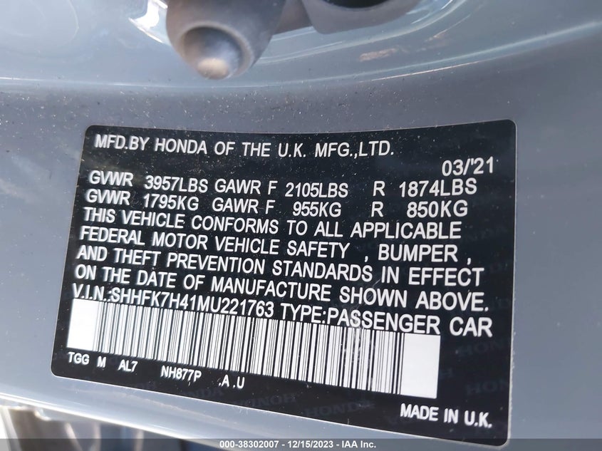 VIN SHHFK7H41MU221763 2021 HONDA CIVIC SPORT