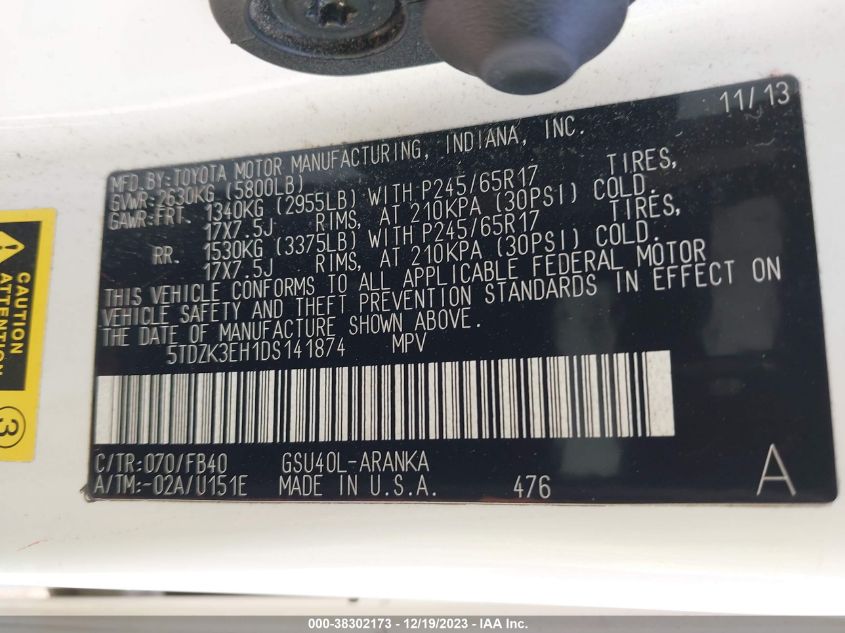 2013 TOYOTA HIGHLANDER - 5TDZK3EH1DS141874