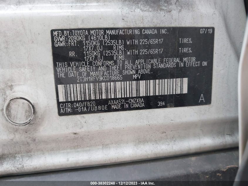2019 TOYOTA RAV4 LE - 2T3H1RFV9KC018665