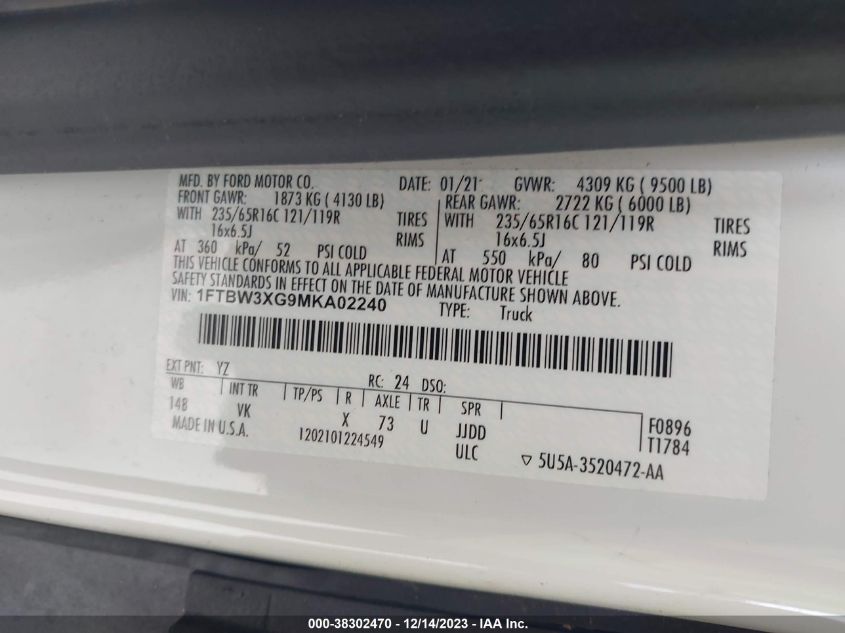 2021 FORD TRANSIT-350 CARGO VAN - 1FTBW3XG9MKA02240